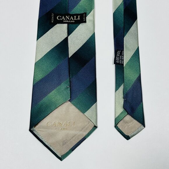 CANALI Necktie Tie Silk Blue Green Tan Stripe Italy EUC - Picture 3 of 8
